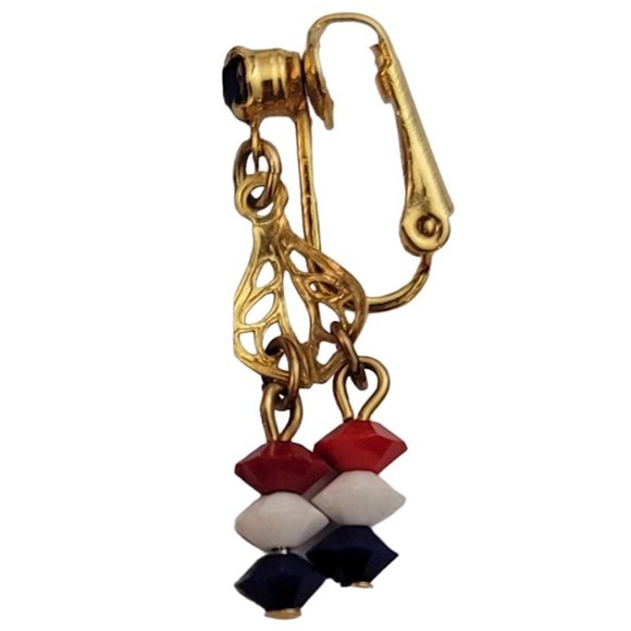Gold Tone Patriotic Red White Blue Glass Bead Dangle Clip-On Earrings E252 - Picture 4 of 6